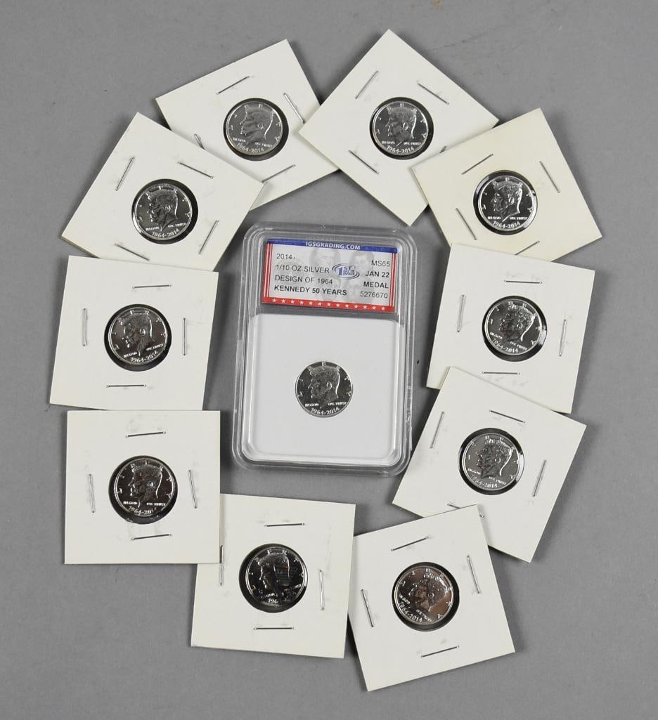 1/10 Oz Silver 2014 Kennedy Medal & 1964-2014 Kennedy Halfs: All of these coins are for Kennedy, there are 10 1/10 silver half dollars for 1964-2014. Includes a Kennedy 50 Years 1/10 Oz. silver Kennedy commemorative dated 2014.