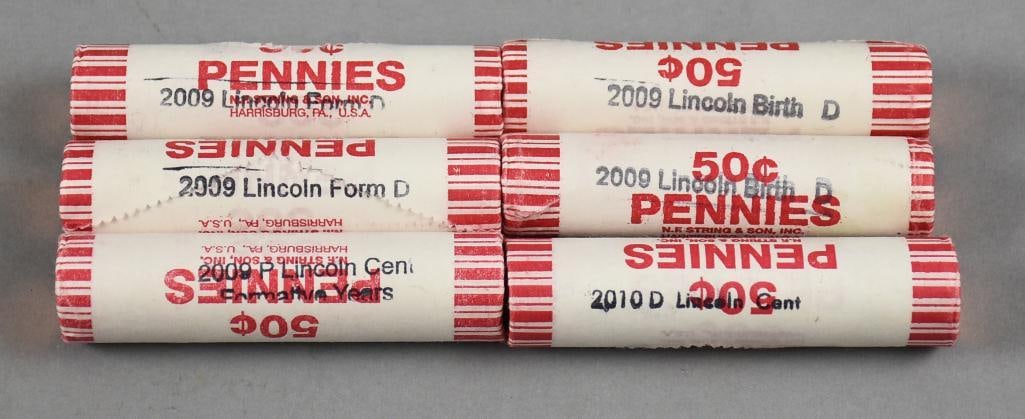 2009-2010 Bank Rolled Lincoln Pennies - Commemorative: Lot is for six various Lincoln pennies from 2009 and 2010. Some of the rolls are "Formative Years" and "Birth".