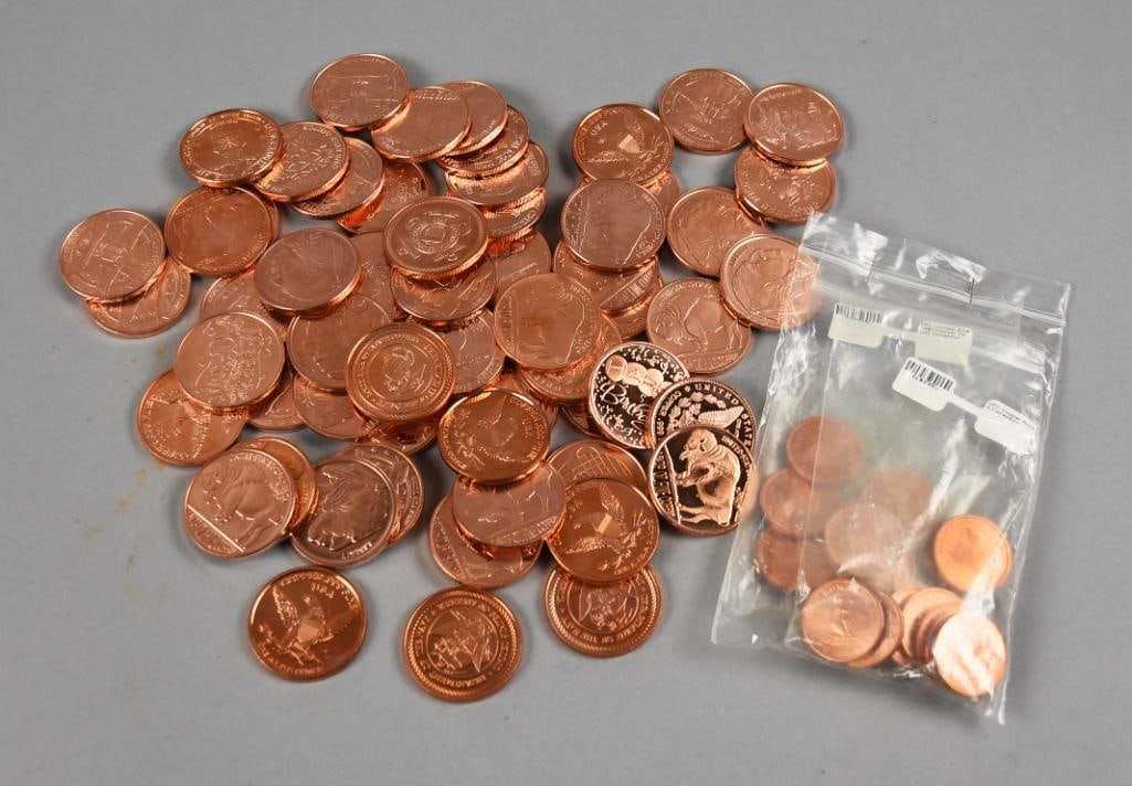(79) 999 Copper Commemorative Rounds: Counted 79 commemorative rounds in 999 copper. Some include Merry Christmas, Happy Birthday, Buffalo nickels, God Bless America and more.?