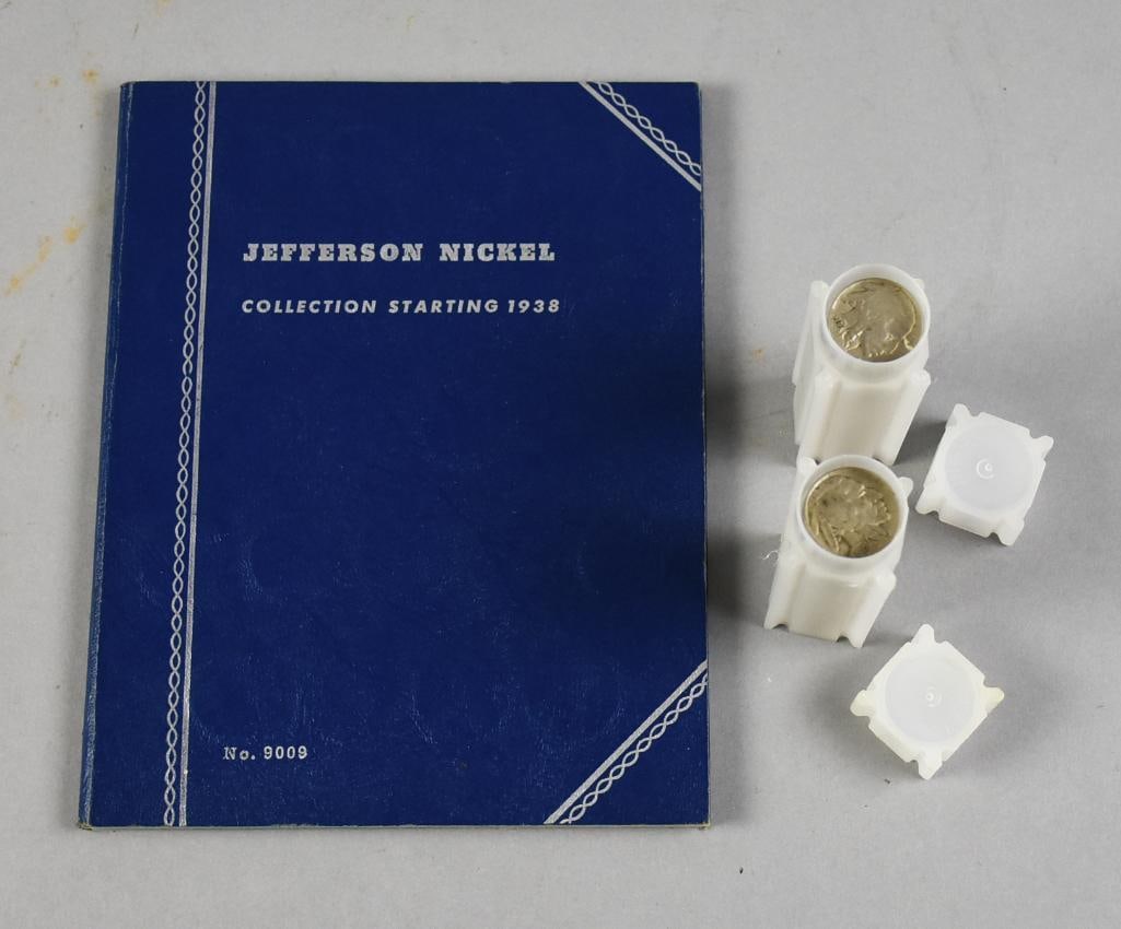 Whitman Jefferson Nickels, 1938-Full, Tubes Buffalo Nickels: Book is full with 65 coins. Both tubes appear to be filled with Buffalo nickels. All coins unchecked.?