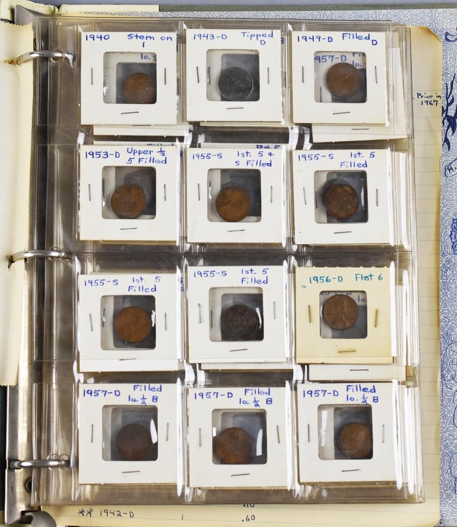 1920s-1960s Three Ring Binder Filled w/ Lincoln Pennies: This binder is filled with pennies that appear to all date from the 1920s-1960s. There are additional coins, but the majority appear to be pennies. All coins are sleeved with dates and mint marks wher