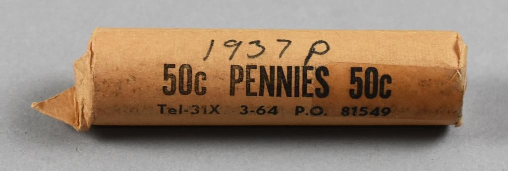 1937 P United States Lincoln Penny Roll, Unchecked: Nice unchecked roll of Lincoln pennies. They are identified on the roll as 1937 P.?