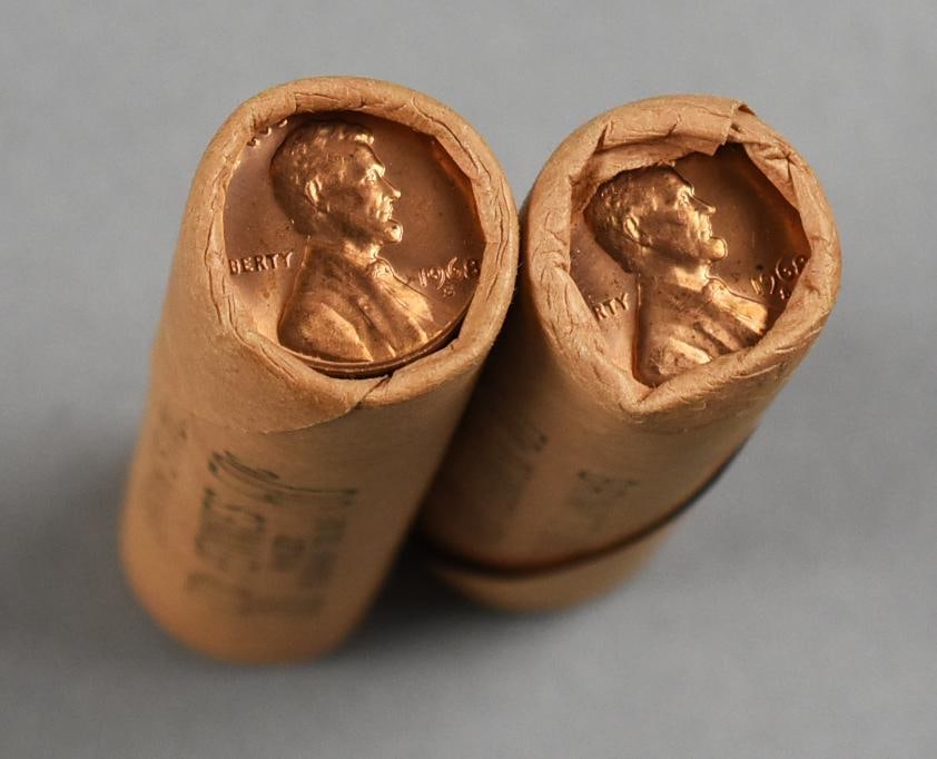 1968 Bank Rolled Lincoln Pennies: Penny rolls appear to be bank rolled. Visible coins are 1968.?