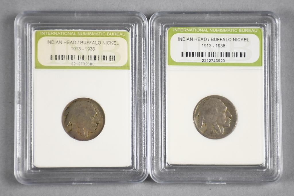 INB Indian Head Buffalo Nickels 1913 - 1938: Pair of Indian Head/Buffalo Nickels, no visible dates.