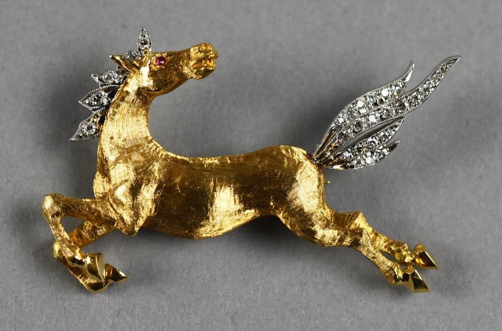 Mobil 14K Gold Dia & Ruby Horse Brooch (1 of 9)