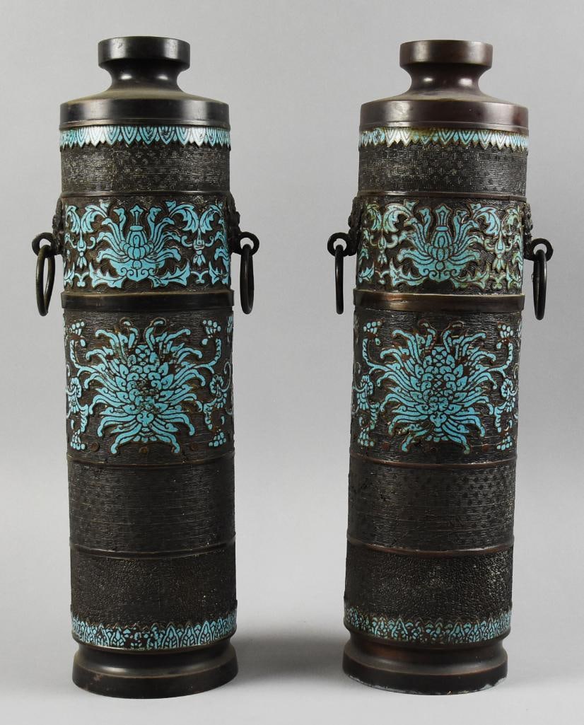 c1910 Meiji Japanese Bronze Enamel Champleve Vase Pair (1 of 11)