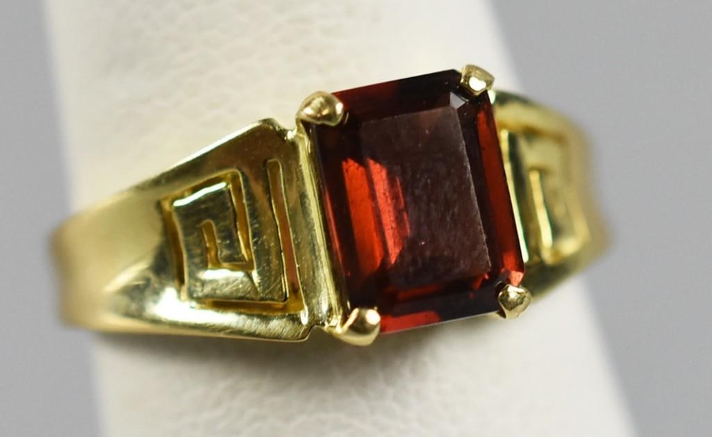 14K Yellow Gold, Tourmaline Ring, Signed: Wonderful vintage 14K yellow gold ring. Stone is tourmaline set in four prongs, flanked by Greek key style impressed design. Stone measures 6m x 8m. Ring is an approx. size?5.5, overall approx. weight