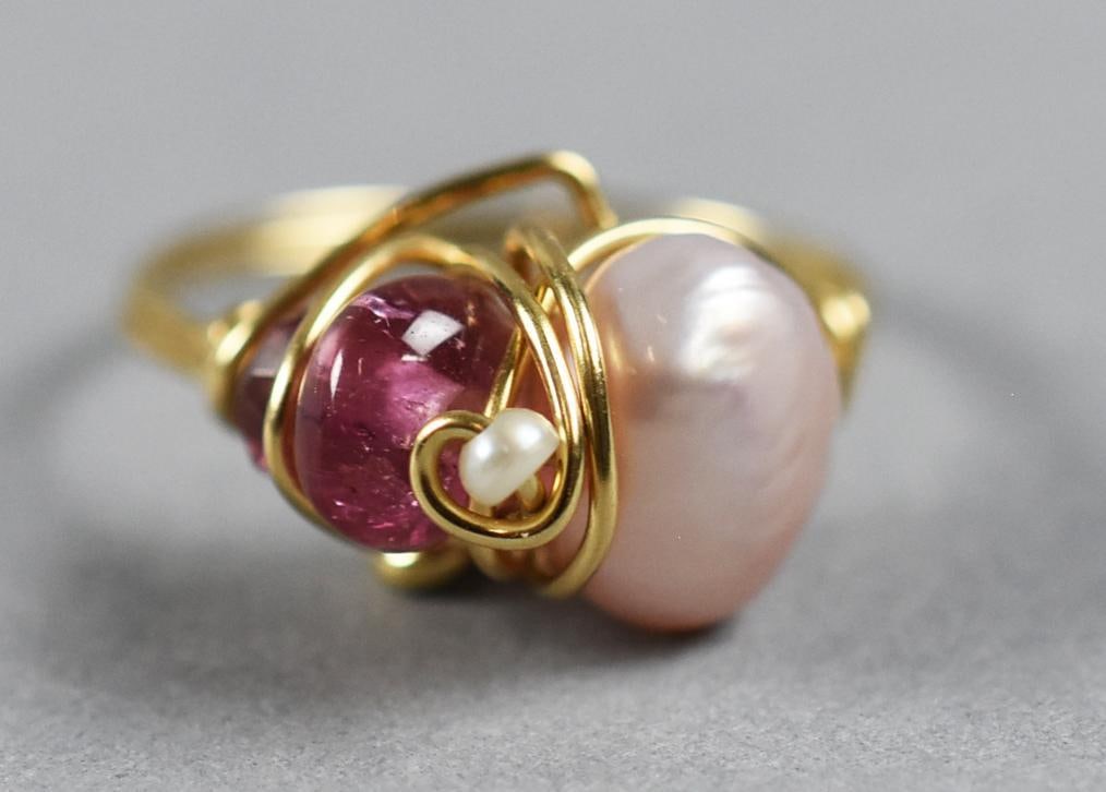 10K Gold, Pearl and Amethyst Hand Crafted Ring: This is a beautiful one of a kind 10k yellow gold ring. Gold wire wrapped fresh water pearl and what appears to be amethyst and small pearl accent. Size is approx. 5.5, approx.weight of 1.7 grams.