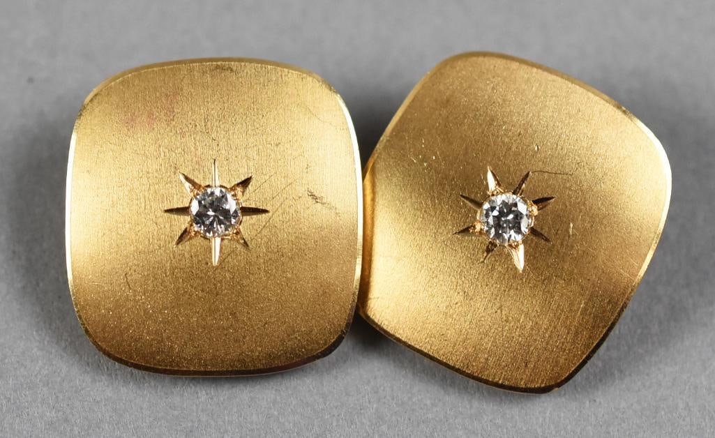 14K Yellow Gold & Diamond Clip Earrings: Wonderful pair of vintage earrings in 14K yellow gold. Brushed gold rounded square earrings with round cut center diamonds totaling approx. 1/4 carats. Backs are stamped 14K, overall approx. weight of