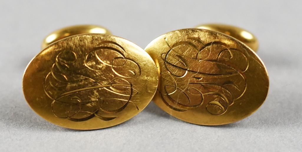 Antique 14K Yellow Gold Monogrammed Cuff Links: Very nice pair of monogrammed cuff links in 14k yellow gold. Ornate monogram is GHB and are stamped 14k. They will come in a Hurst Jewelers, Anaheim, presentation box. Overall approx. weight of 5 gram