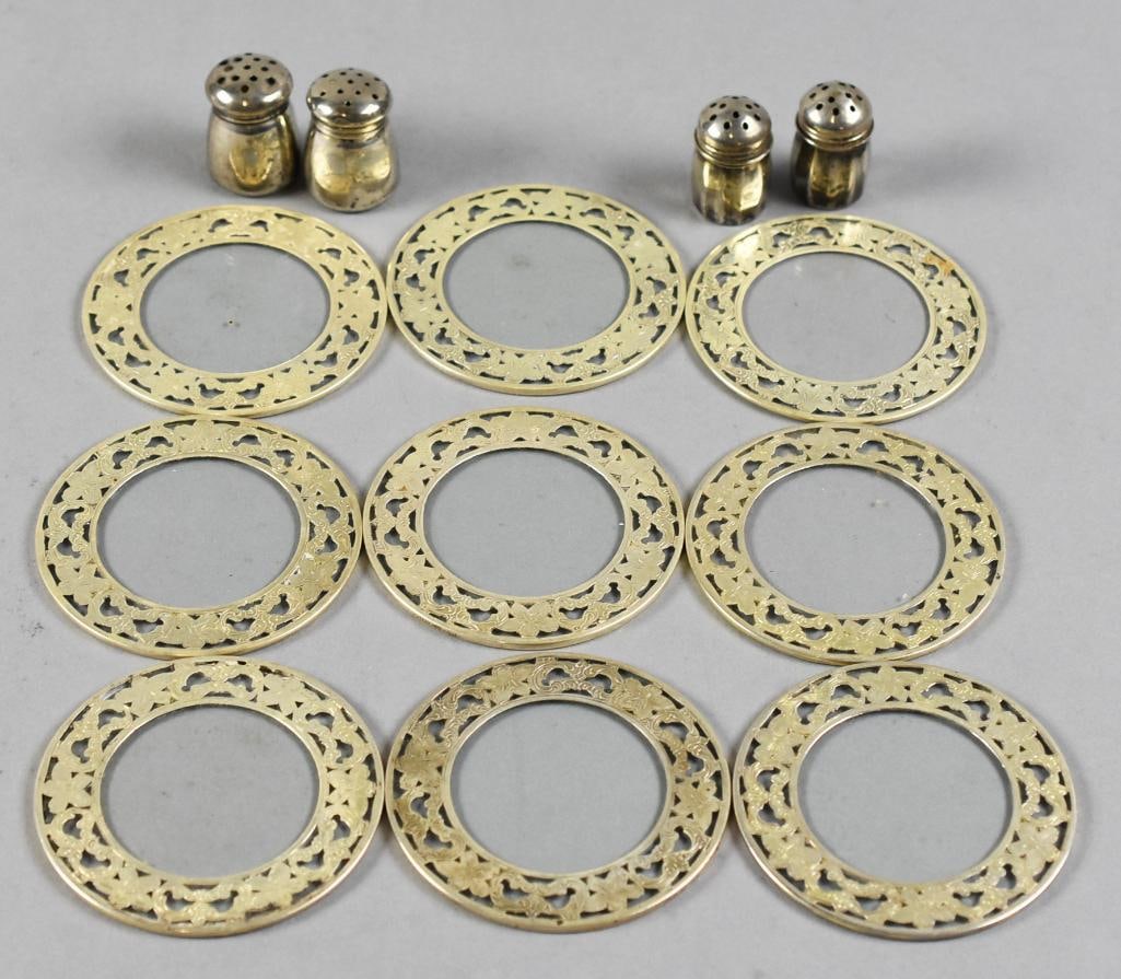 Antique Webster Sterling Coaster Overlays, Salt, Peppers: This cool lot is for a lot of sterling silver. This includes nine Webster sterling coaster overlays with flowers and scrolls, marked on the sides. Each measures approx. 3" across. This includes four s