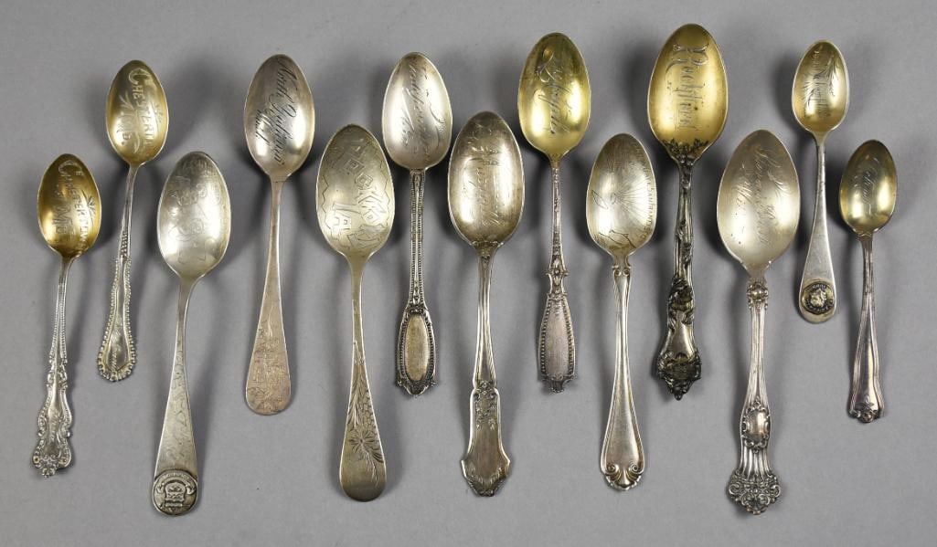 Antique Sterling Silver Souvenir Spoon Assortment: These great spoons are from multiple silver manufacturers with R. Wallace & Sons, Alvin, AF Towle, Reed & Barton and others. Locations include Stevens Point Wisconsin, Golden Gate San