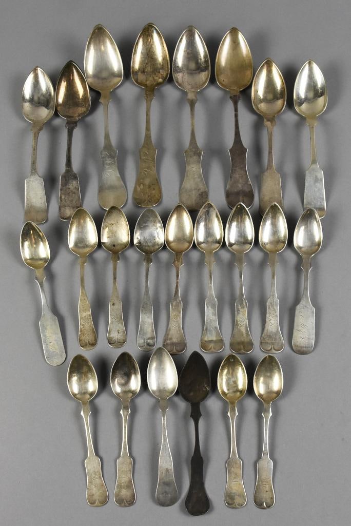 (23) Antique Coin Silver Fiddle Back Spoons: All but one of these spoons is coin silver with one being sterling. Many spoons have various names on back as in Wm. Owen, L. Simons, Luke Kent, W. Gillmore and others. The overall approx. weight is