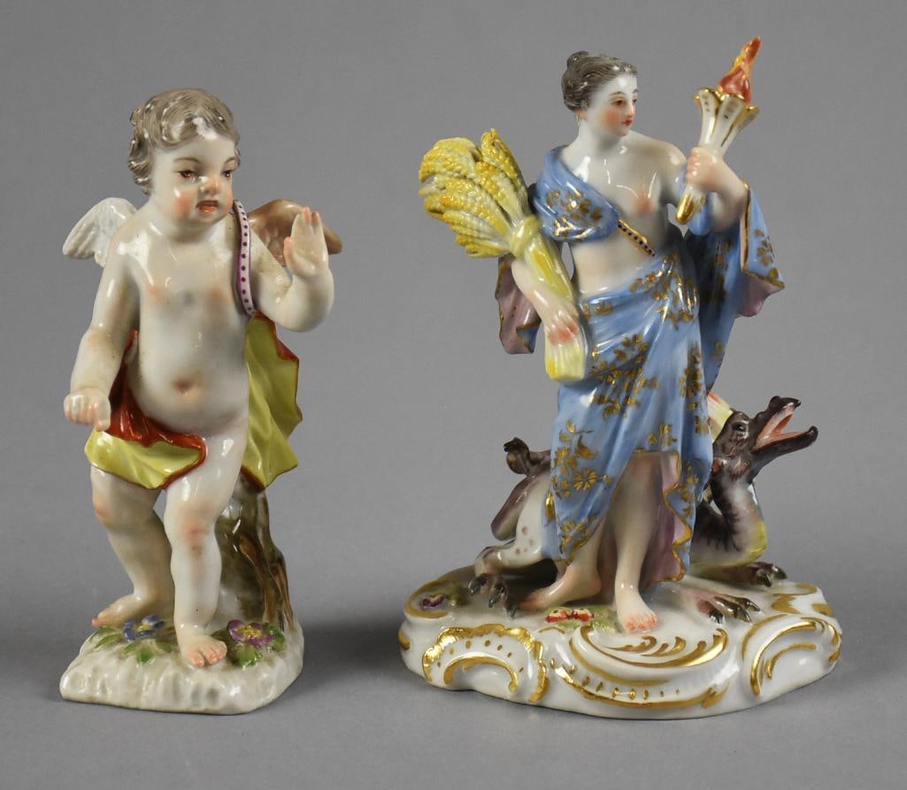 c1930 Meissen Porcelain Lady & Putti Figurines: Wonderful pair of c1930 Meissen porcelain figurines. The figure on the left is a lady with torch and bundle?of wheat. Figure on the left is a putti with red cape. Both are marked with the crossed