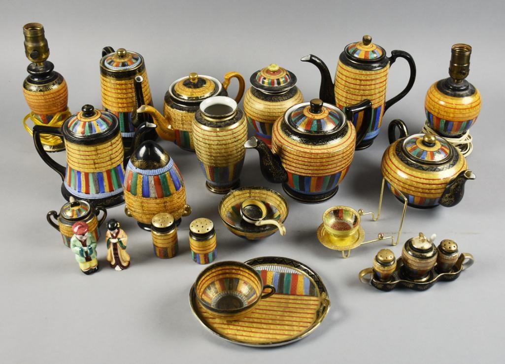 Vintage Japanese Porcelain 1000 Faces Large Lot: This is a huge lot of vintage porcelain from Japan. All pieces are in the 1000 faces pattern with bold colors and gold accents. Large variety that includes a pair of lamps, wall pocket, vases, ginger