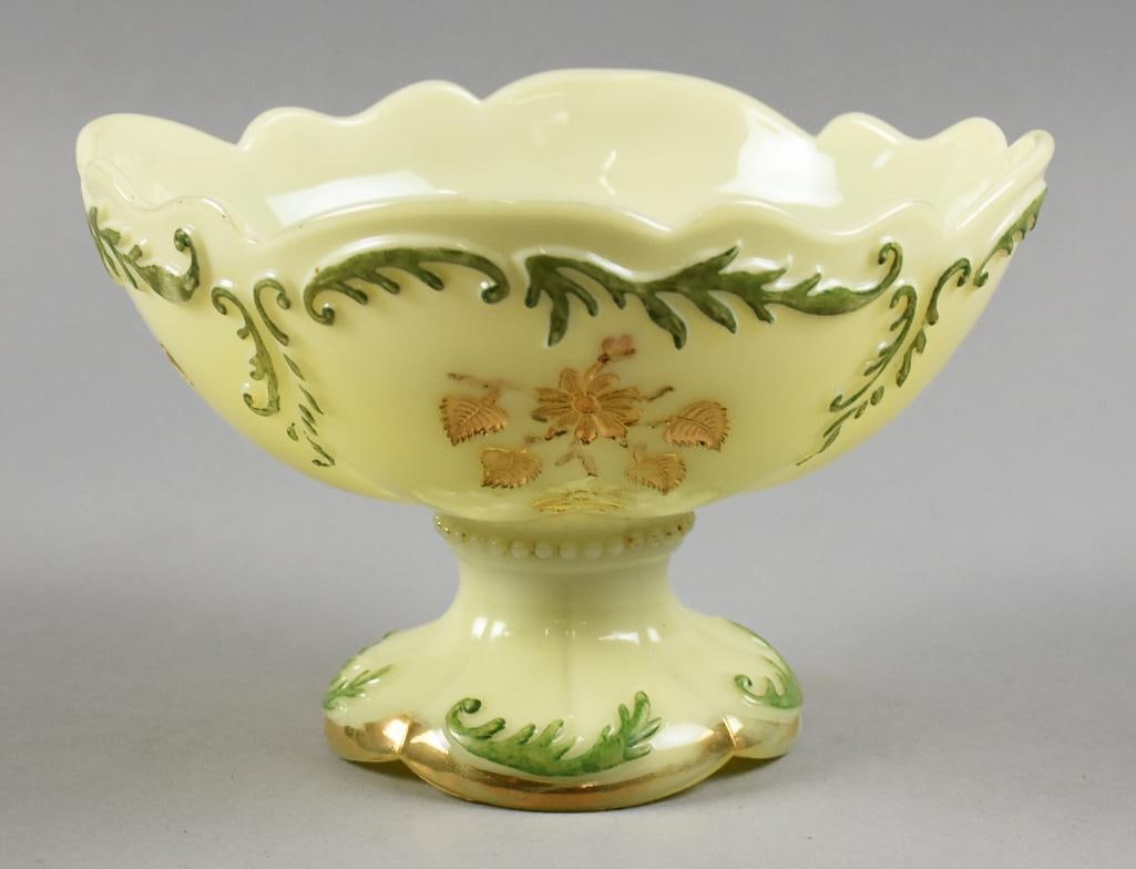 1899-1904 Northwood Chrysanthemum Sprig Compote - Custard: This amazing scallop rim bowl is from Northwood Glass Company. It is custard glass in the Chrysanthemum Sprig pattern in production from 1899 to 1904. Intaglio flower and leaf in gold, embossed vine i