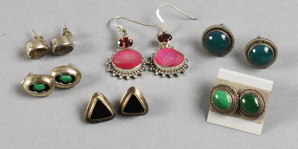 Sterling Silver & Gemstone Earring Collection: Beautiful collection of sterling silver rings with various gemstones. Stones appear to be turquoise, pink druzy, onyx, green onyx, malachite and citrine. Many are stamped 925 with one being CID.