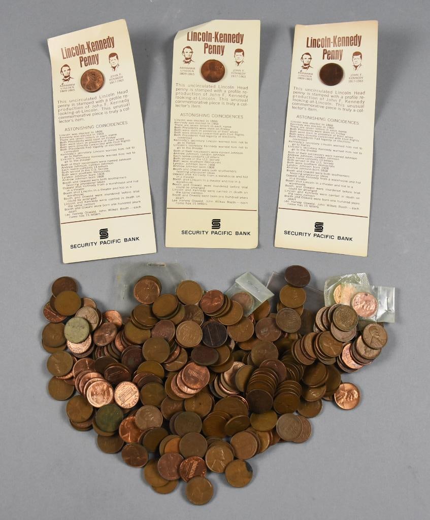 Large Vintage Penny Lot Including Wheats, Unchecked: This is a large lot of Lincoln pennies with a lot of wheaties. Also included three Lincoln/Kennedy Astonishing Coincidences pennies.