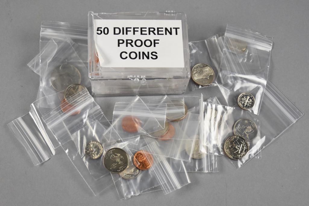 (50) Assorted Coin Proofs, 1960s-2000s, Unchecked: Lot is for 50 coin proofs, various denominations. The are virtually unchecked, dates are late 1960s to 2000s.