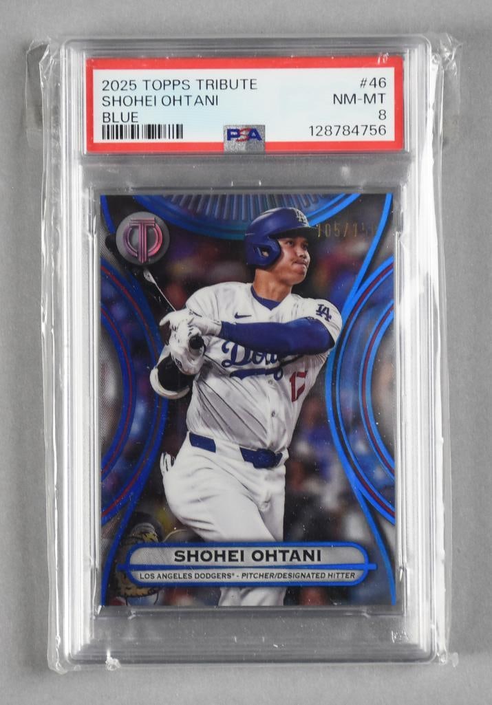 2025 Topps Tribute Shohei Ohtani Blue PSA NM-MT 8: Great Topps Tribute card for Shohei Ohtani as a Dodger. It is from 2025 and is PSA graded.