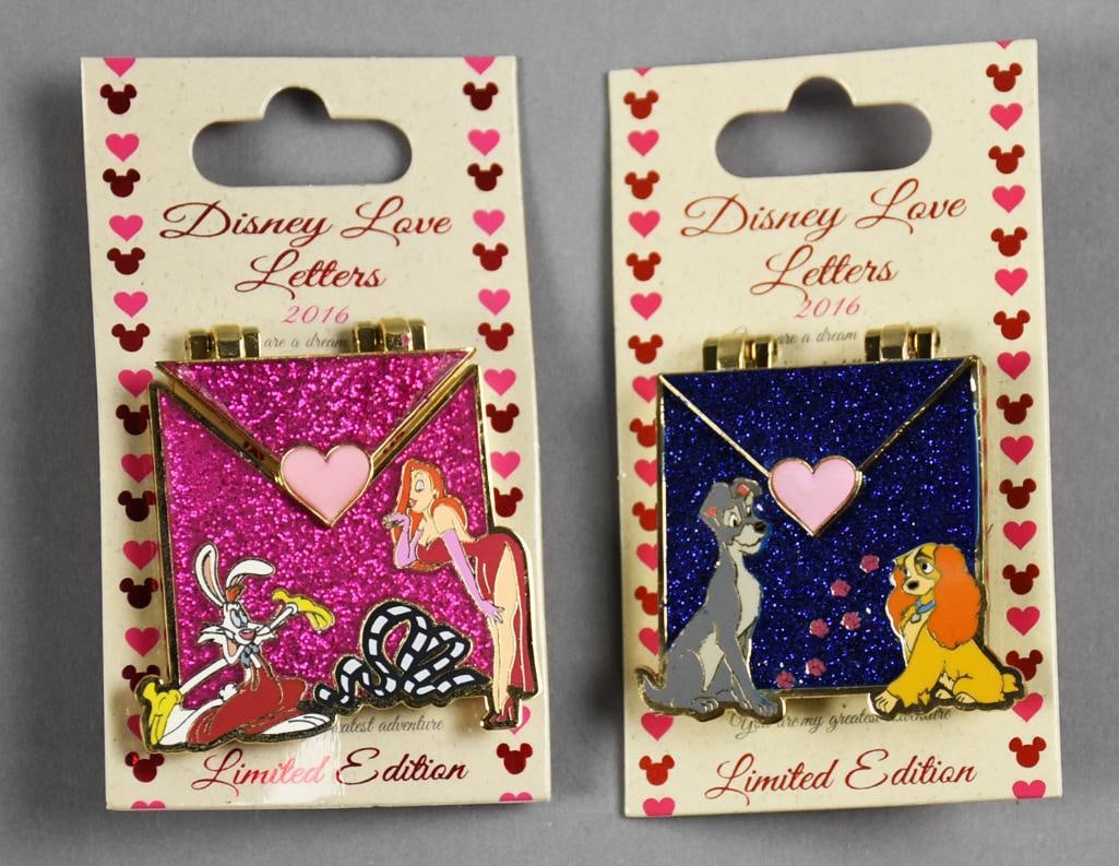 2016 Disney Love Letters Ltd Ed Trade Lapel Pins: These are a pair of sweet Disney Love Letters trade lapel pins. They are each in the form of an envelop with opens to show a small quote. Who Famed Roger Rabbit "I love you more than anyone has loved