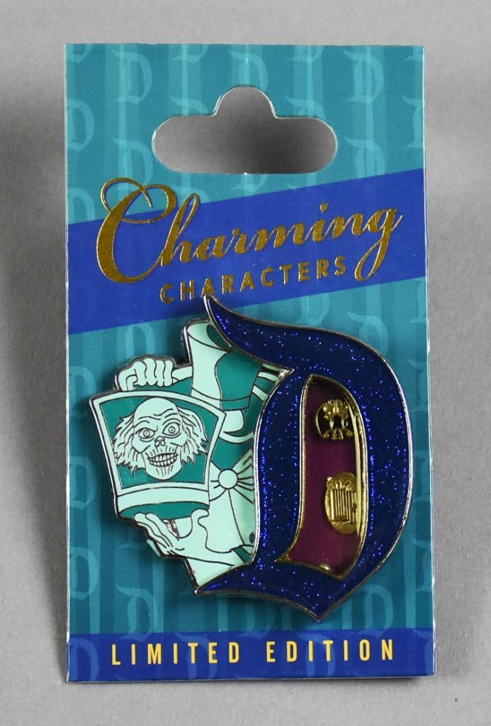 RARE Ltd Ed Disney Charming Characters Hatbox Lapel Pin: This is a cool lapel trade pin from Disney. He is Hatbox from the Haunted Mansion with two pins on the card with the D having charms. Comes on it's original card and is a limited edition of 3000.