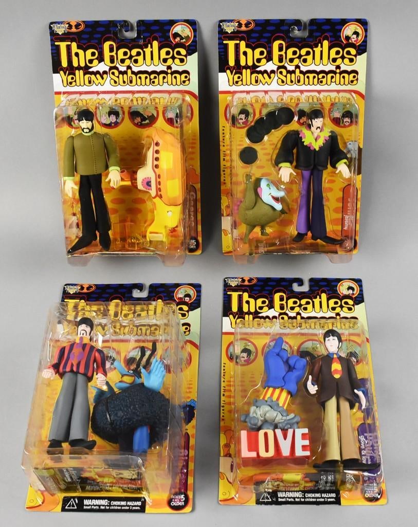 1999 McFarlane Beatles Yellow Submarine Action Figs MOC NOS: Pieces include John with Jeremy, Paul with Glove and Love Base, George with Yellow Submarine and Ringo with Blue Meanie. Single owner collection from the largest toy collector on the West Coast.