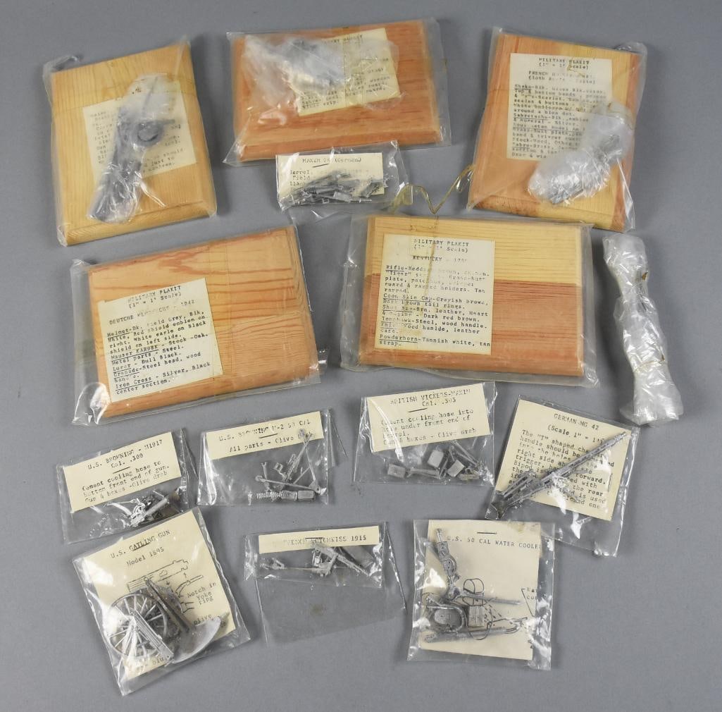 Vintage Military Plakit, Diecast Military Toy Collection: There are several bags of vintage military weaponry, both foreign and domestic. Each is individually bagged with a description of each. Lot is 14 different bags.