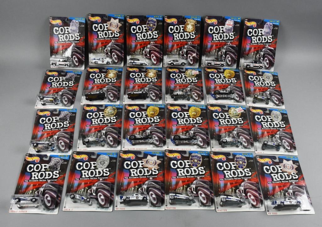 (24) 1999 Mattel Hot Wheels Cop Rods - MOC-NOS: Lot is 24 1999 Mattel Hot Wheels Cop Rods - MOC-NOS. Includes Tucson, Witchita, Harford, Cheyenne and more, lot with duplicates. Single owner collection from the largest toy collector on the West Coas