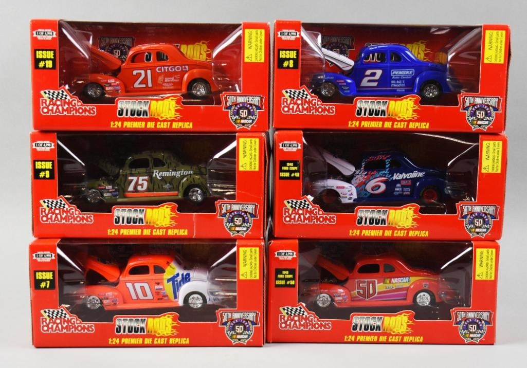 1998 Racing Champions Stock Rods 1:24 Scale MIB NOS: All six appear to be Ford Coupe with different advertising decals. No duplicates. Single owner collection from the largest toy collector on the West Coast.