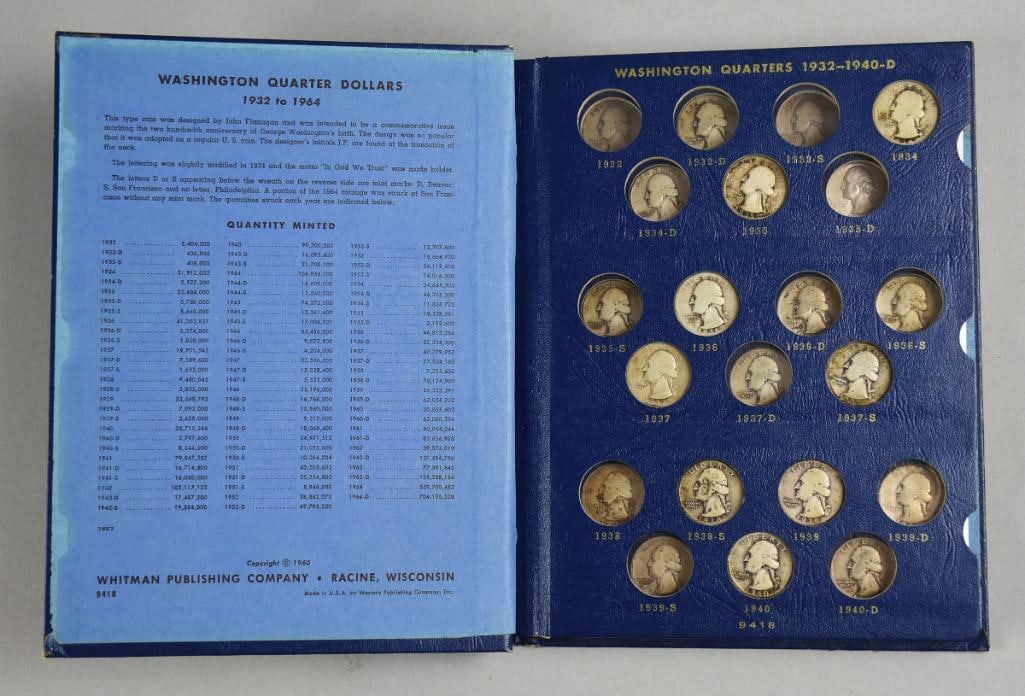 Washington Silver Quarters-1932 - 64 - 64 Coins Whitman: This lot is for a Whitman Washington head quarter book dating from 1932 - 1964, contains no mint, S mint & D mint marked coins through 1964 - partially full with 64 coins total. 90% silver coins.