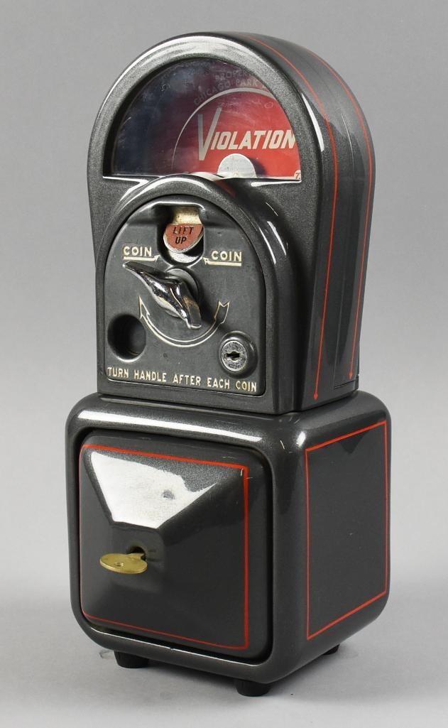 Vintage Rhodes Nickel & Quarter Parking Meter: This awesome piece is a vintage parking meter from Rhodes. Deep late gray enamel with red stripes. It has a 12 hour time limit and takes nickels and quarters only. It is impressed with a number appear