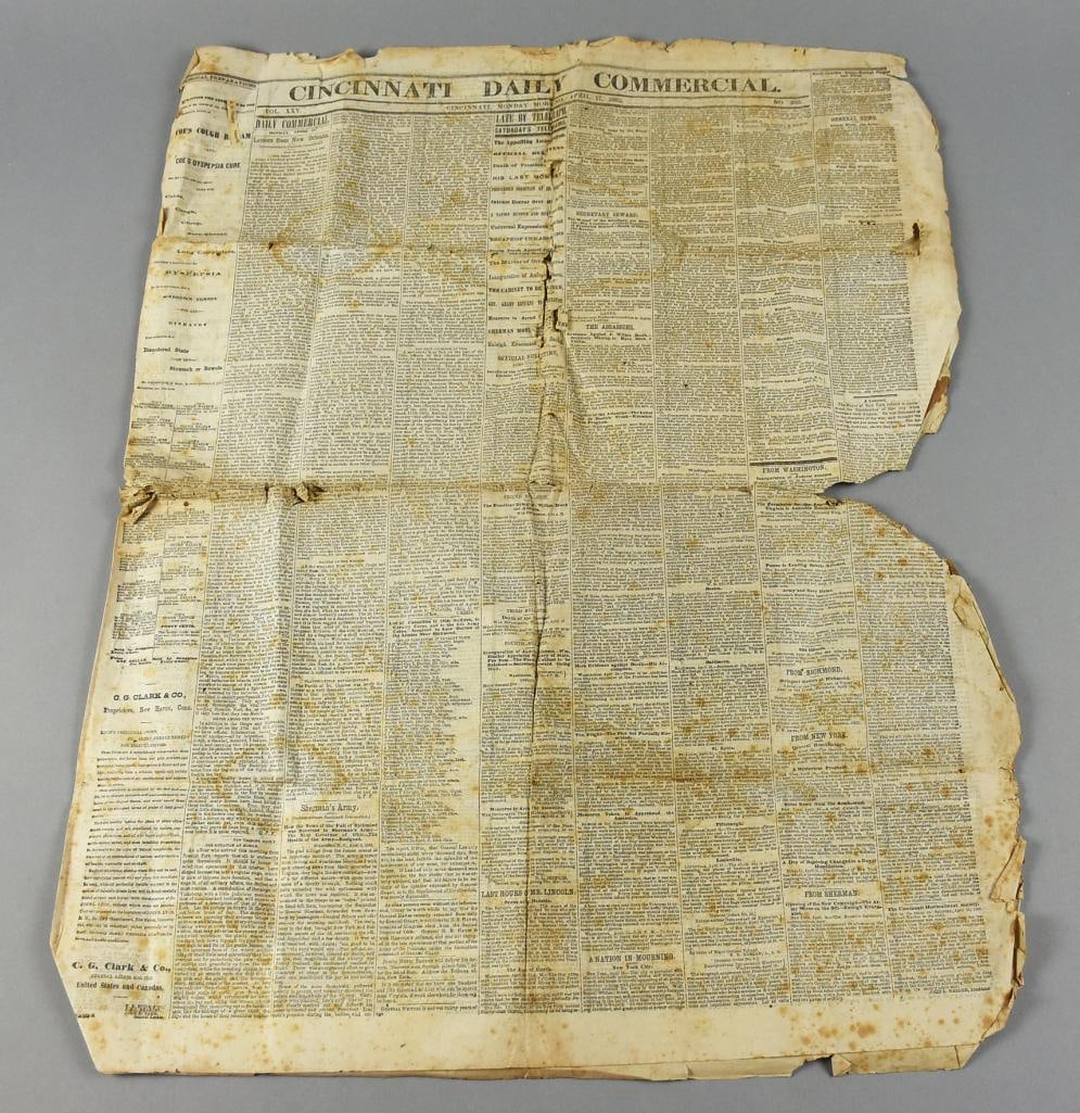 April 17, 1865 Lincoln Assassination, Cincinnati Daily Paper: Great historical reference to the assassination of our 16th President, Abraham Lincoln, April 15, 1865. This Cincinnati Daily Commercial newspaper is from April 17, 1865, just three days later. A good