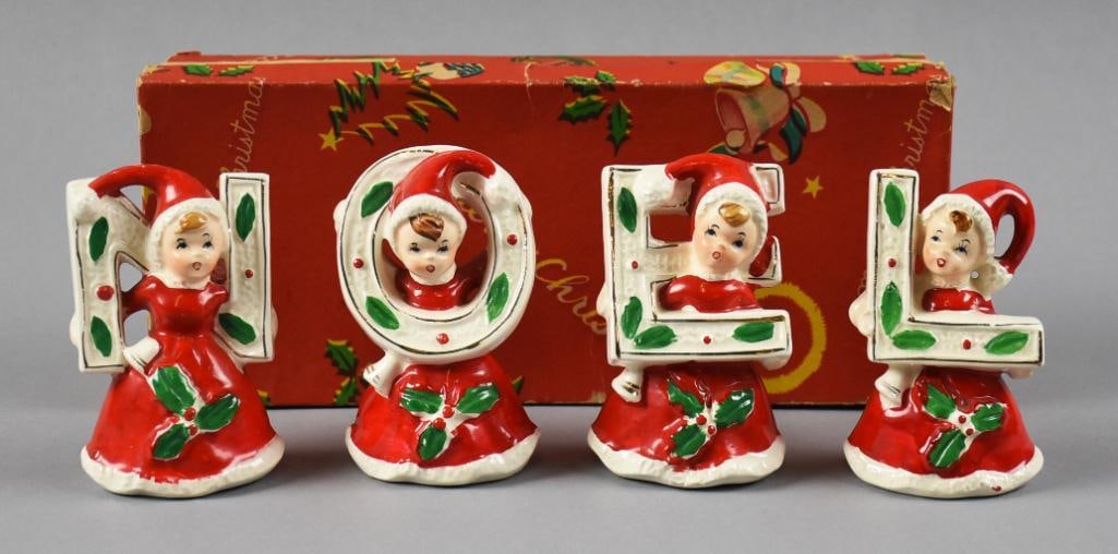 c1950 Brinnco Noel Figurines, Mint, Original Box: These are a full set of sweet Brinnco figurines. These little girls spell out NOEL and wears a Santa hat and dress. They come in what appears to be the original box and stand approx. 3.5" tall. They a