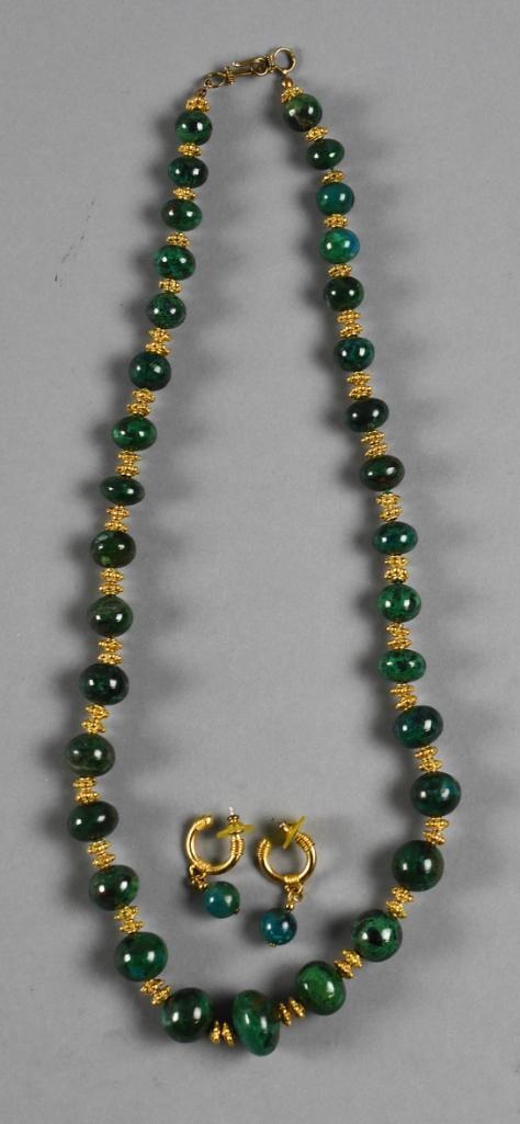 Maw Sit Sit Jade Bead Necklace and Earring Set: Beautiful jewelry set that appears to be Maw Sit Sit jade. Bead necklace with gold spacers with hook and I closure. Includes a pair of coordinating pierced earrings.