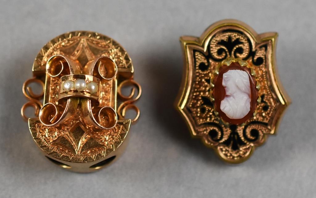 Victorian Watch Chain Slide & Cameo Brooch, 10K Gold Filled: Beautiful pieces of antique Victorian jewelry. Includes a delicate brooch with scroll work and black enameling with small hand carved shell cameo. The watch chain slide is with raised scrolls, hand