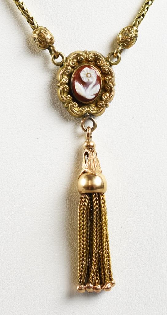 Edwardian Flower Cameo Necklace, Gold Filled: Beautiful antique necklace is gold filled. Snake style chain with oval pendant with C scrolls and a flower shell cameo pendant, pendant with nice center tassle. No visible marks, tests as gold filled.