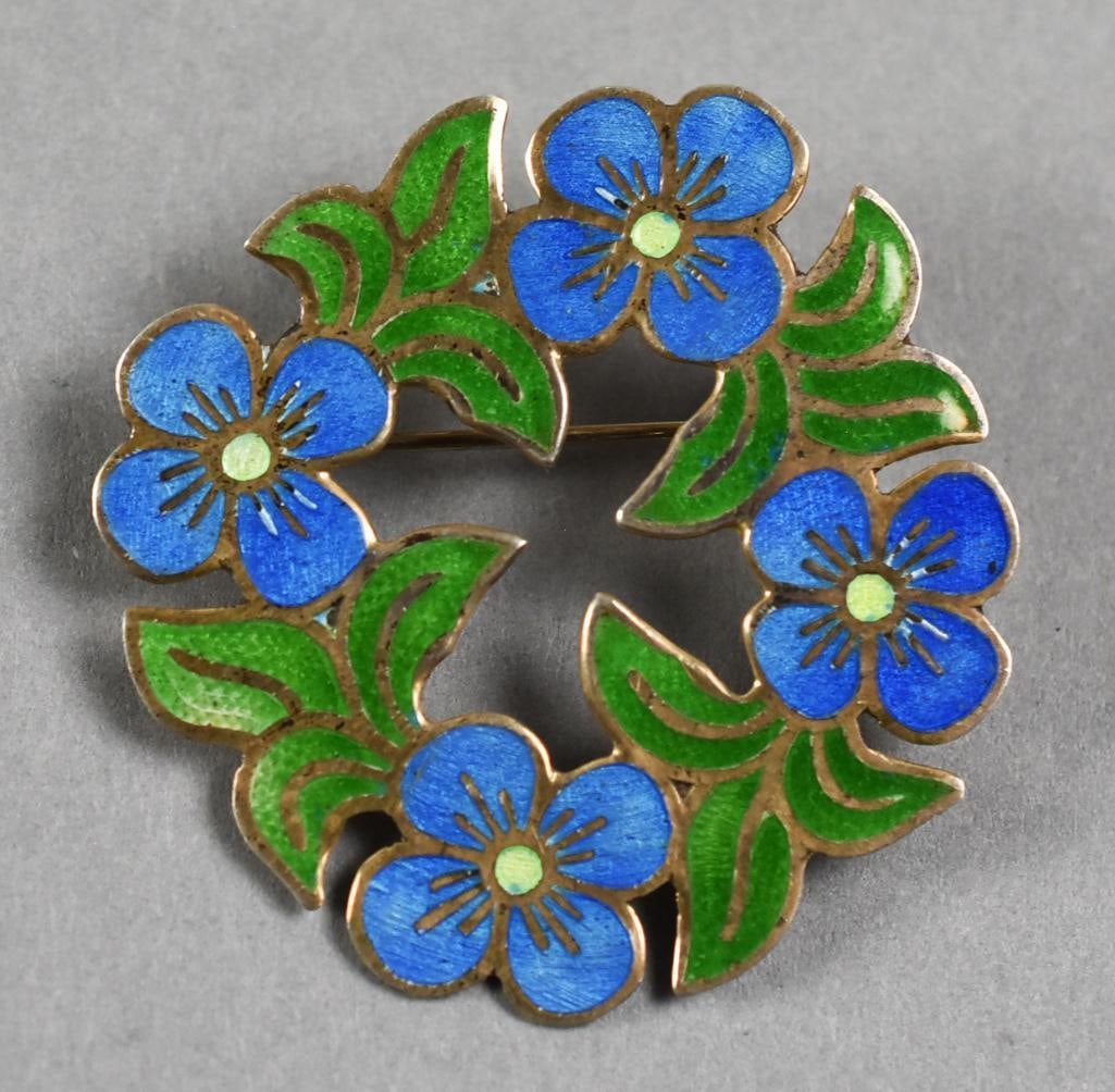 Vintage Jeronimo Fuentes Mexico Sterling, Enamel Brooch: Wonderful vintage Mexican sterling brooch. Wreath brooch with blue enameled petals and green enameled leaves. Signed on back JF, additional marks for Sterling, TF-08 925 and Mexico.