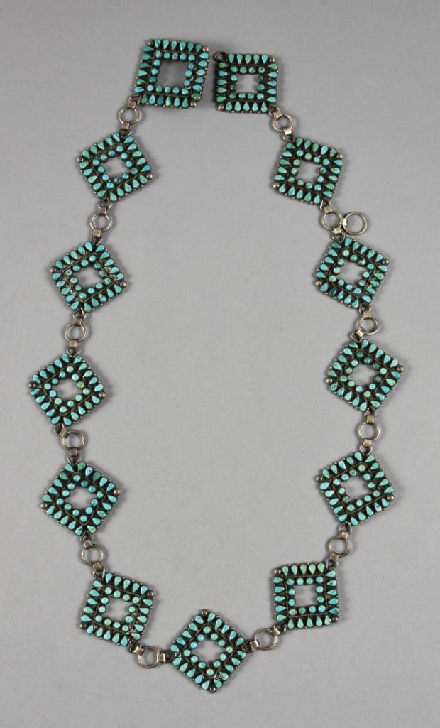 Old Zuni Silver and Turquoise Belt, Necklace: Stunning piece of Native American jewelry, Zuni in nature. It is unmarked 800 silver with turquoise diamond shapes. It appears to be a belt but can be worn as a necklace. No visible artist marks.