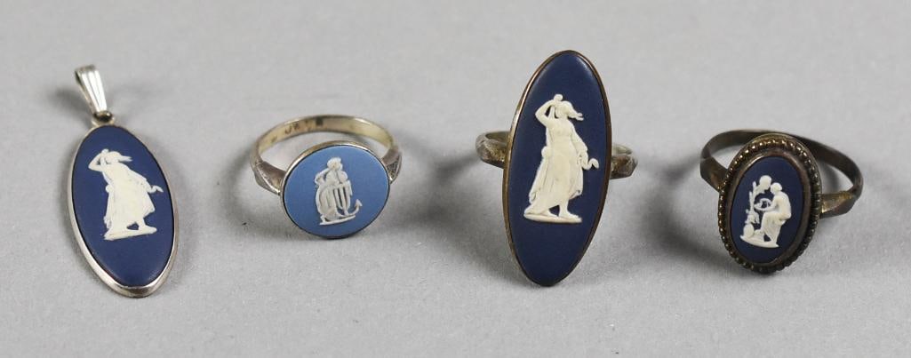 Vintage Wedgwood & Sterling Pendant and Rings: Pretty blue jasperware jewelry, all attributed to Wedgwood. The pendant is clearly marked. Included are three rings, marked inside the band. All are sterling.