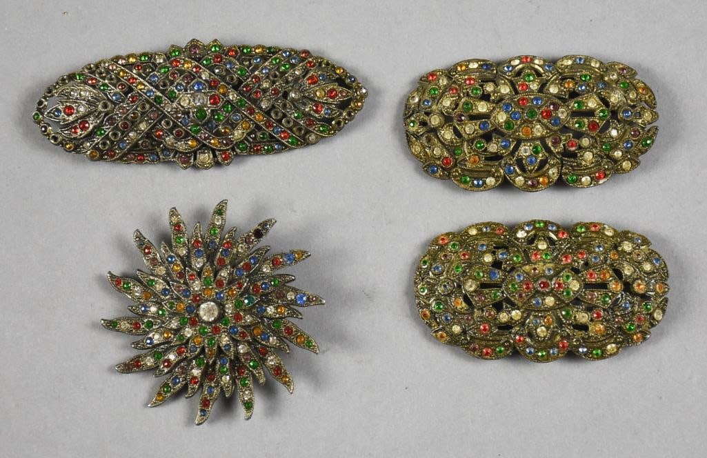 c1930 Art Deco Rhinestone Brooch Assortment: These beautiful brooches are all from the 1930s and/or early 1940s. They each appear to be pot metal with multi color rhinestones. There is one matching set and two individual. Possibly