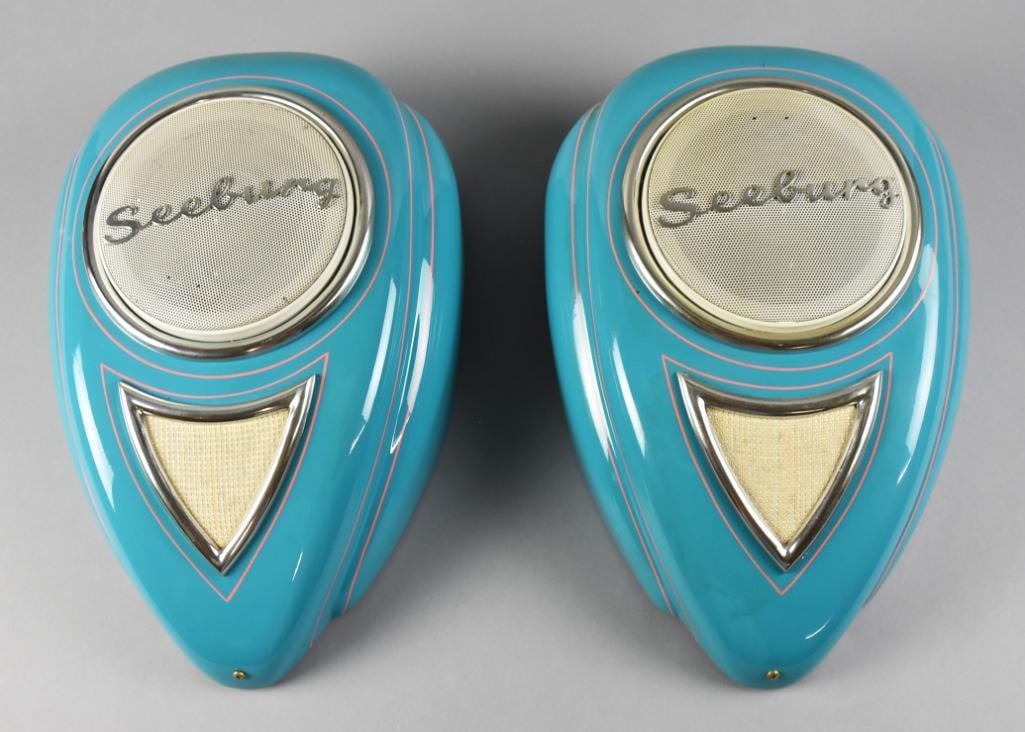 Retro Seeburg Remote Teardrop Speaker Pair, Reproduction: Awesome pair of reproduction speaker from Seeburg. These remote speaker are teardrop in a pretty powder blue with light pink pinstripes. They have a cardboard backing stamped in ink "Another DB