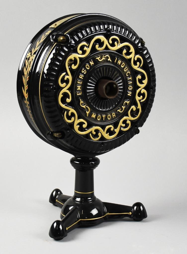 c1900 Emerson Induction Motor Fan Motor No.: This piece is spectacular for a motor of a fan. Beautiful Emerson Induction Motor from The Emerson Electric Mfg Co. Appears restored with a high gloss black paint and gold accents on the lettering
