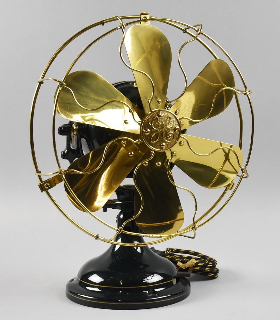 c1900 General Electric Alternating Current Fan - Restored: This beautiful fan has been professionally restored and works amazing. This model no.398779, is from the early 1900s, heavy with brass cage and six blade fan, also brass. Rich black enamel paint with