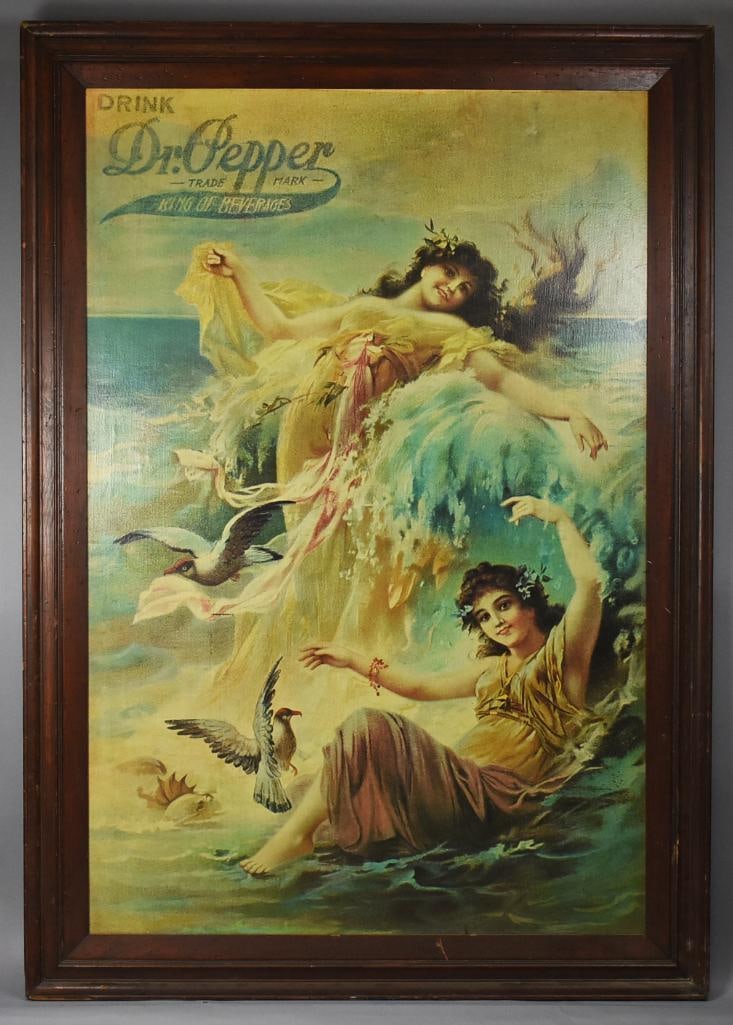 Dr. Pepper "King of Beverages" Advertising Poster, Framed: This beautiful piece of advertising is for Dr. Pepper, "The King of Beverages". The upper left corner is the brand with the overall art being beautiful mythical looking Art Nouveau women in a wave