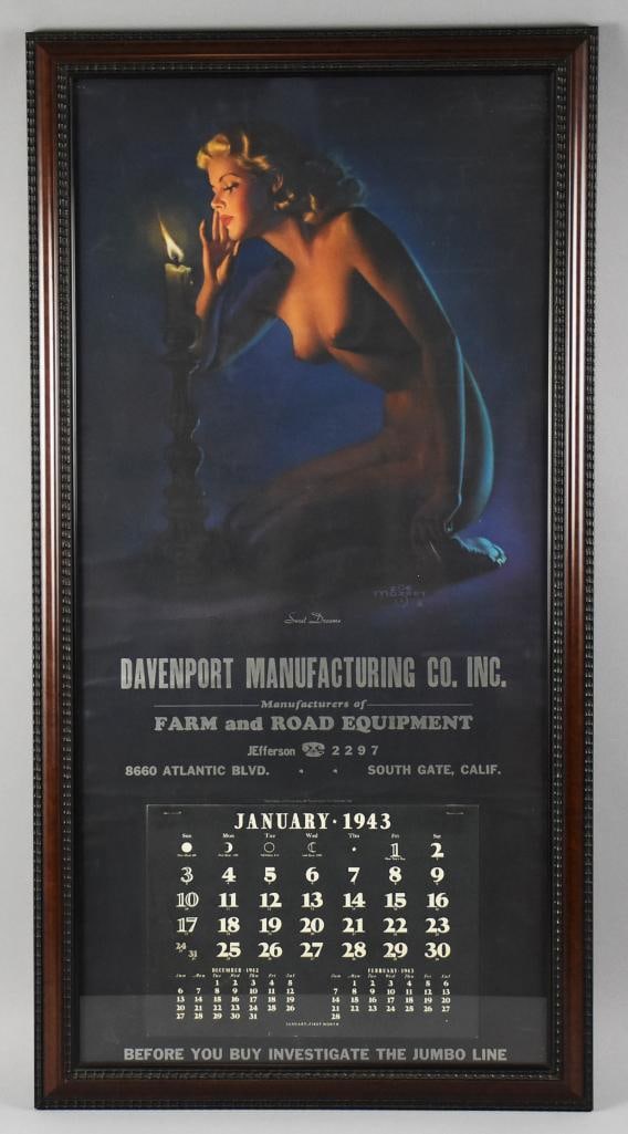 Pinup Advertising Calendar1943 Zoe Mozert (1904-1993): Very cool pinup calendar for Davenport Manufacturing Co. Inc. In South Gate, CA from 1943. Artwork for the calendar is called Sweet Dreams and features a nude lady looking at a candle, originally