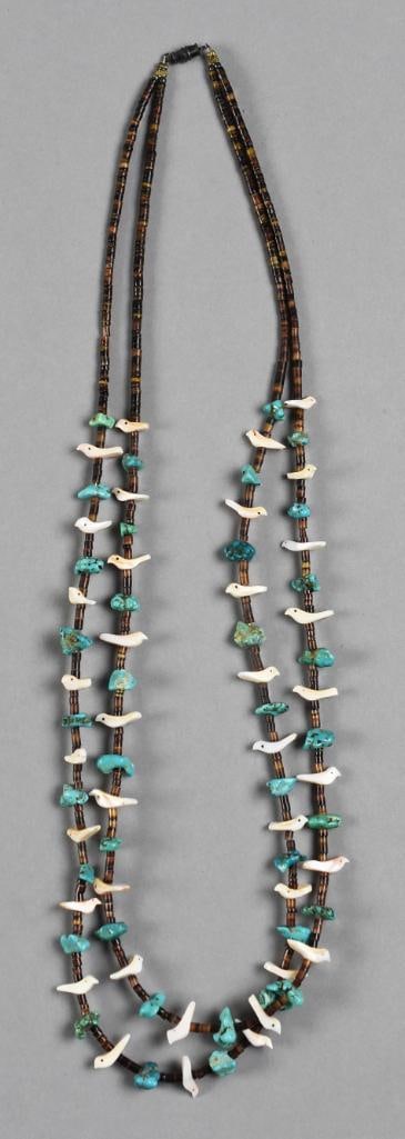 Vintage Zuni Double Strand Turquoise & Shell Fetish Necklace: Wonderful vintage necklace was created by a Zuni jewelry artist. Fetish style with shell birds, turquoise accents and shell spacer beads. Double strand with screw closure. No visible marks.