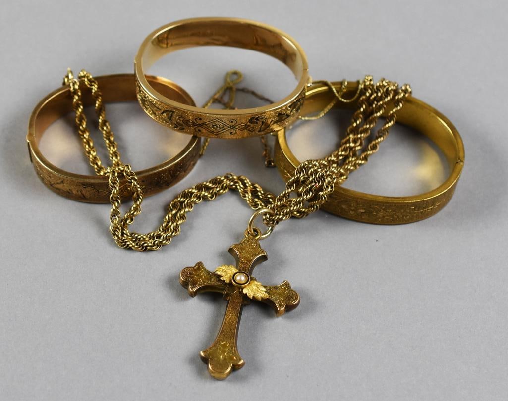 c1880 10K Gold Filled Bangle Bracelets and Cross Pendant (1 of 9)