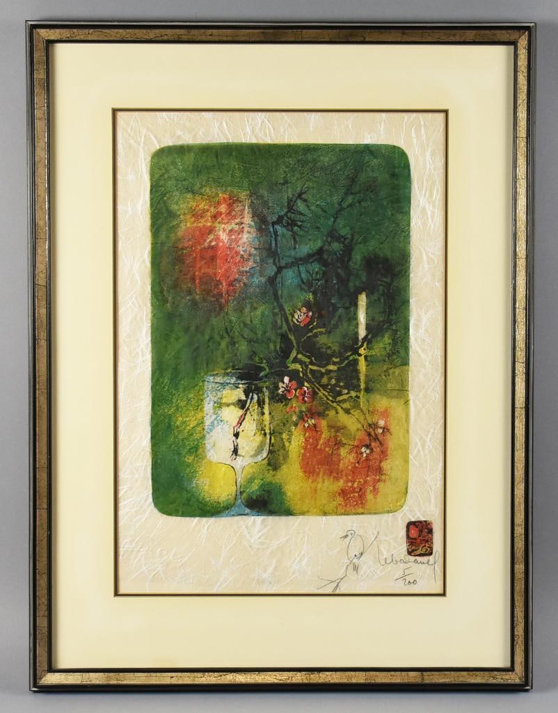 Lebadang (1922-2015) Verre des Fleurs Pencil Signed Ltd Ed: Wonderful artwork from Vietnamese artist Hoi Lebadang (1922-2015). It is a limited edition on what appears to be hand made paper and is called Verre de Fleurs or Wine with Flowers. Pencil signed with 
