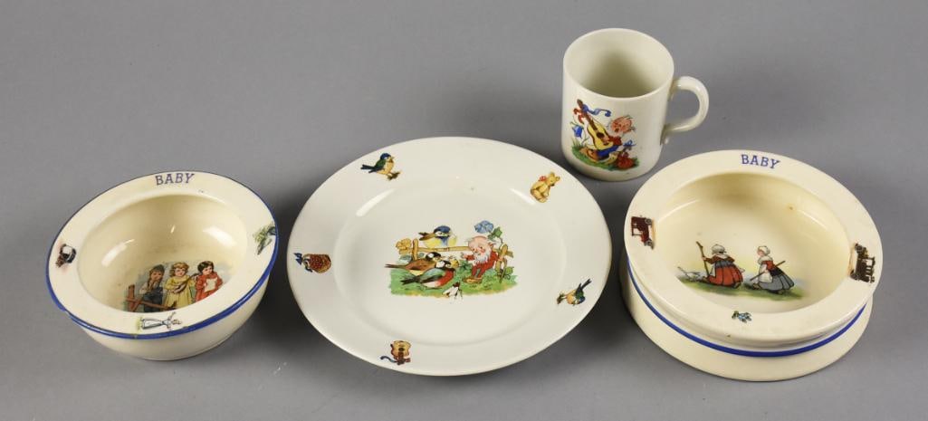 Antique Hand Painted Porcelain Baby and Child Dishes: Precious antique porcelain child and baby dishes. The baby dishes with one with two young girls with geese and one with three young musician girls. They are both marked Made in Czecho Slovakia. The ot